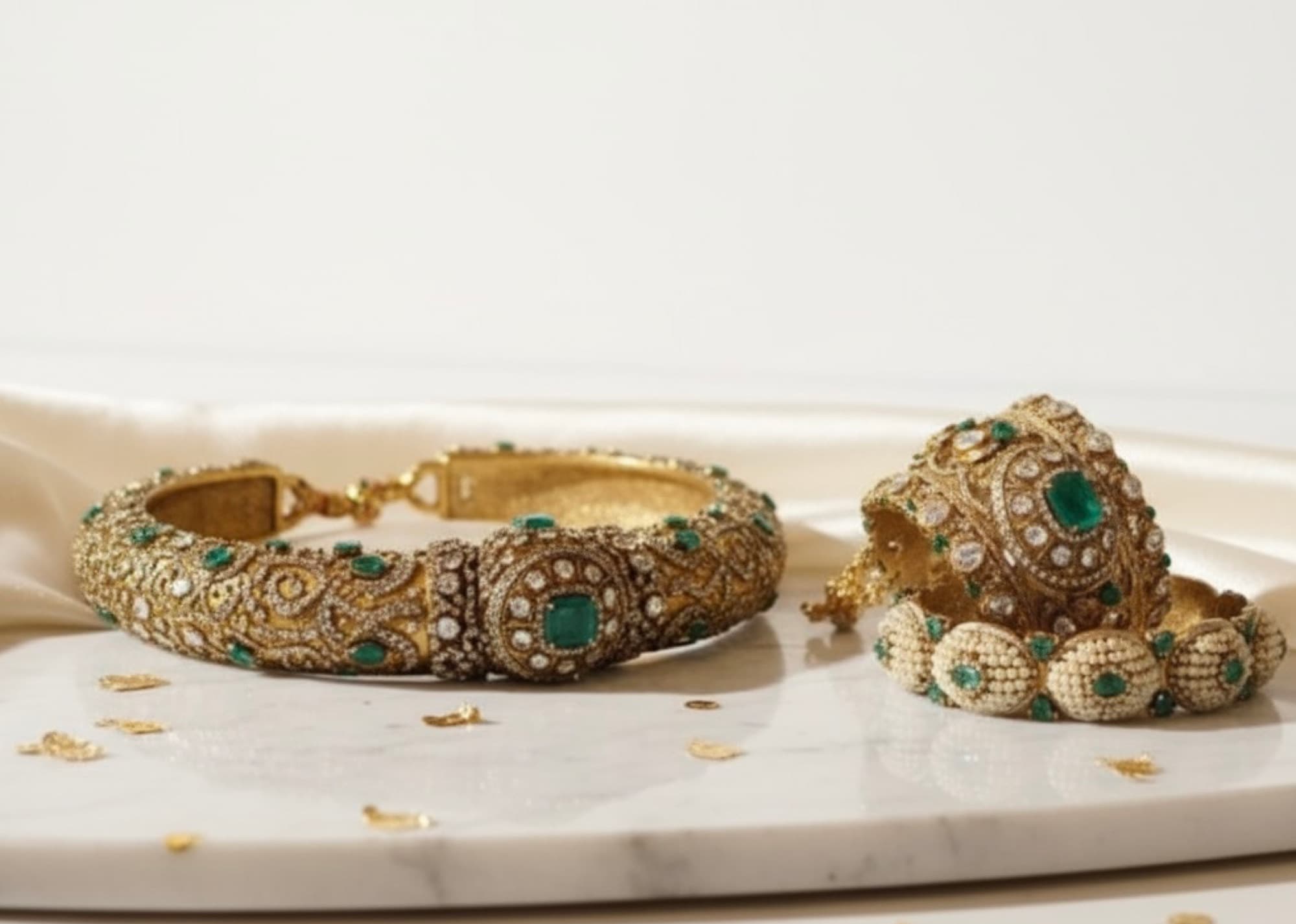 Close detail of an ornate gold kada with green accents