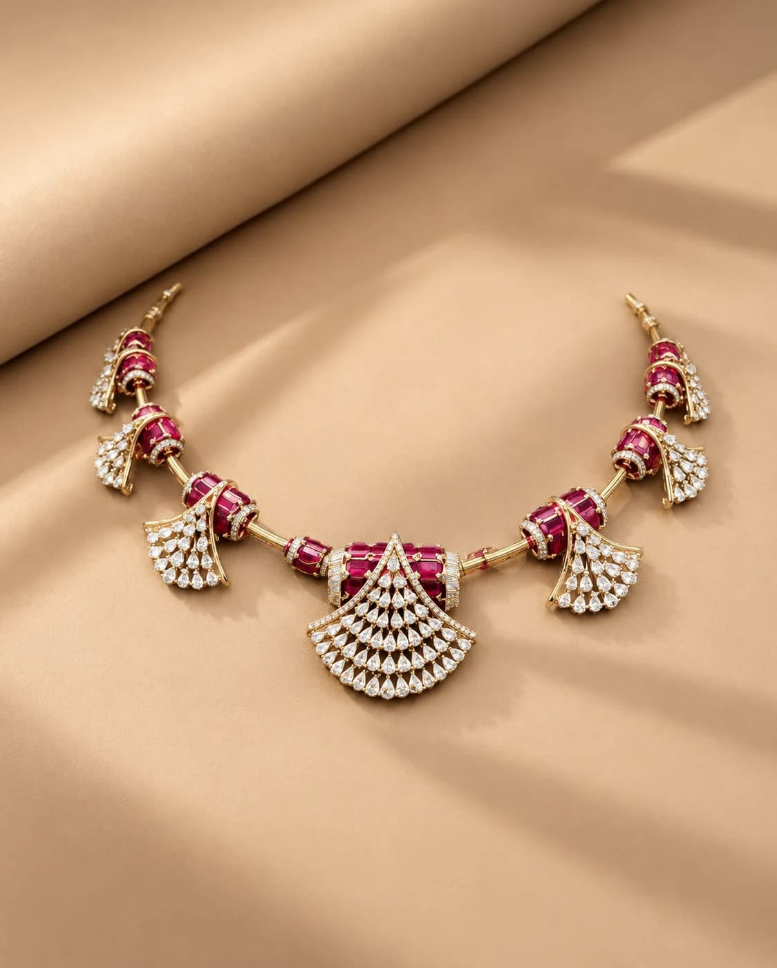 Crimson necklace with white fan-shaped drops on a warm beige set