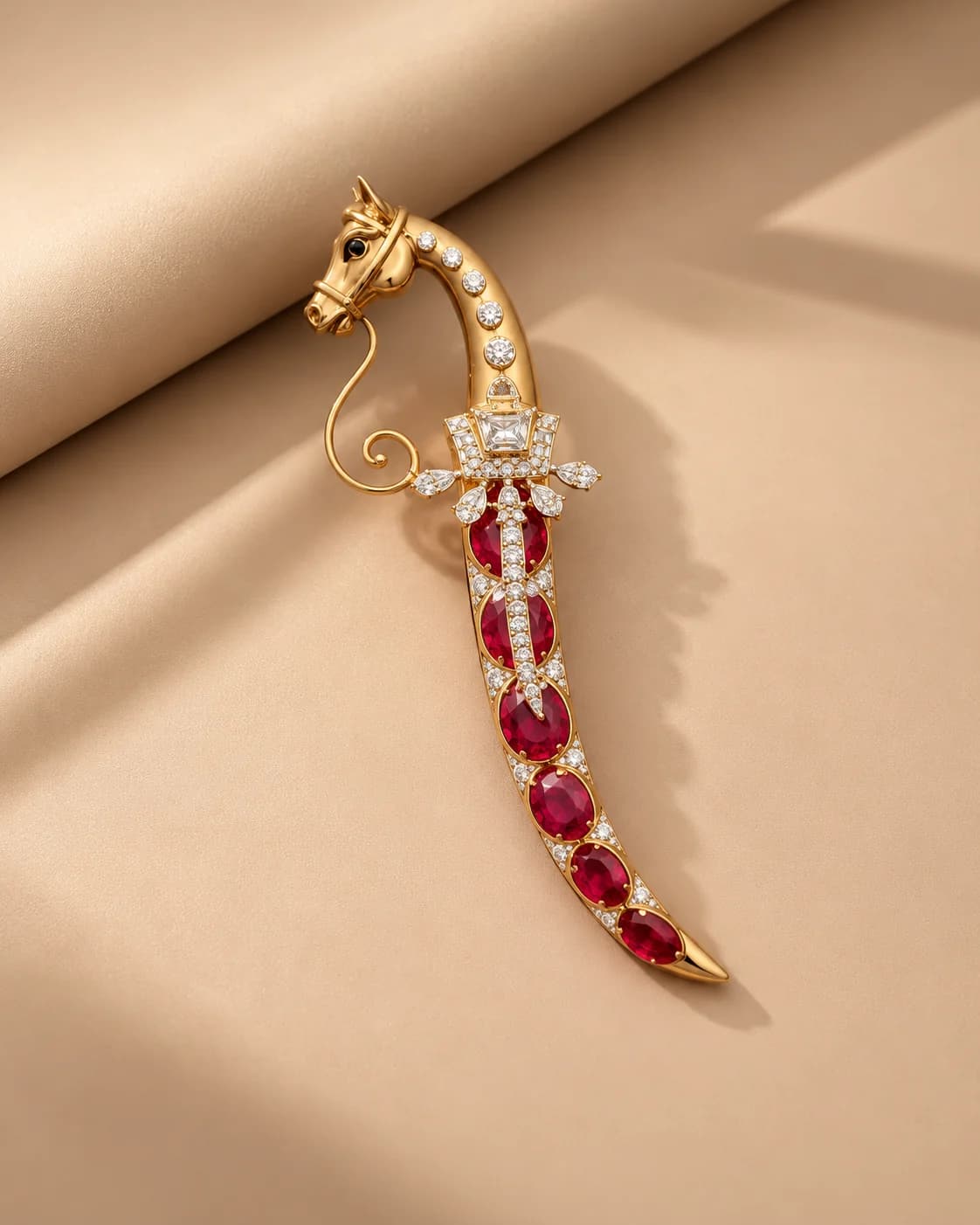Horse-shaped jewellery piece with crimson stones on a warm beige set