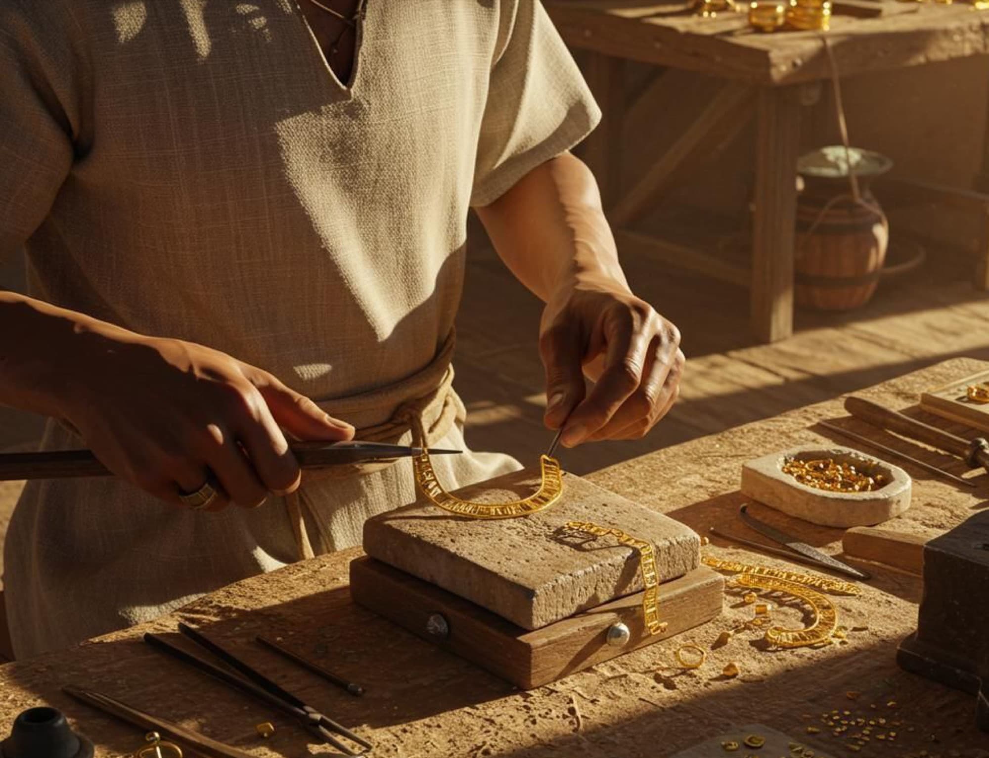 A goldsmith at the bench, shaping a piece by hand