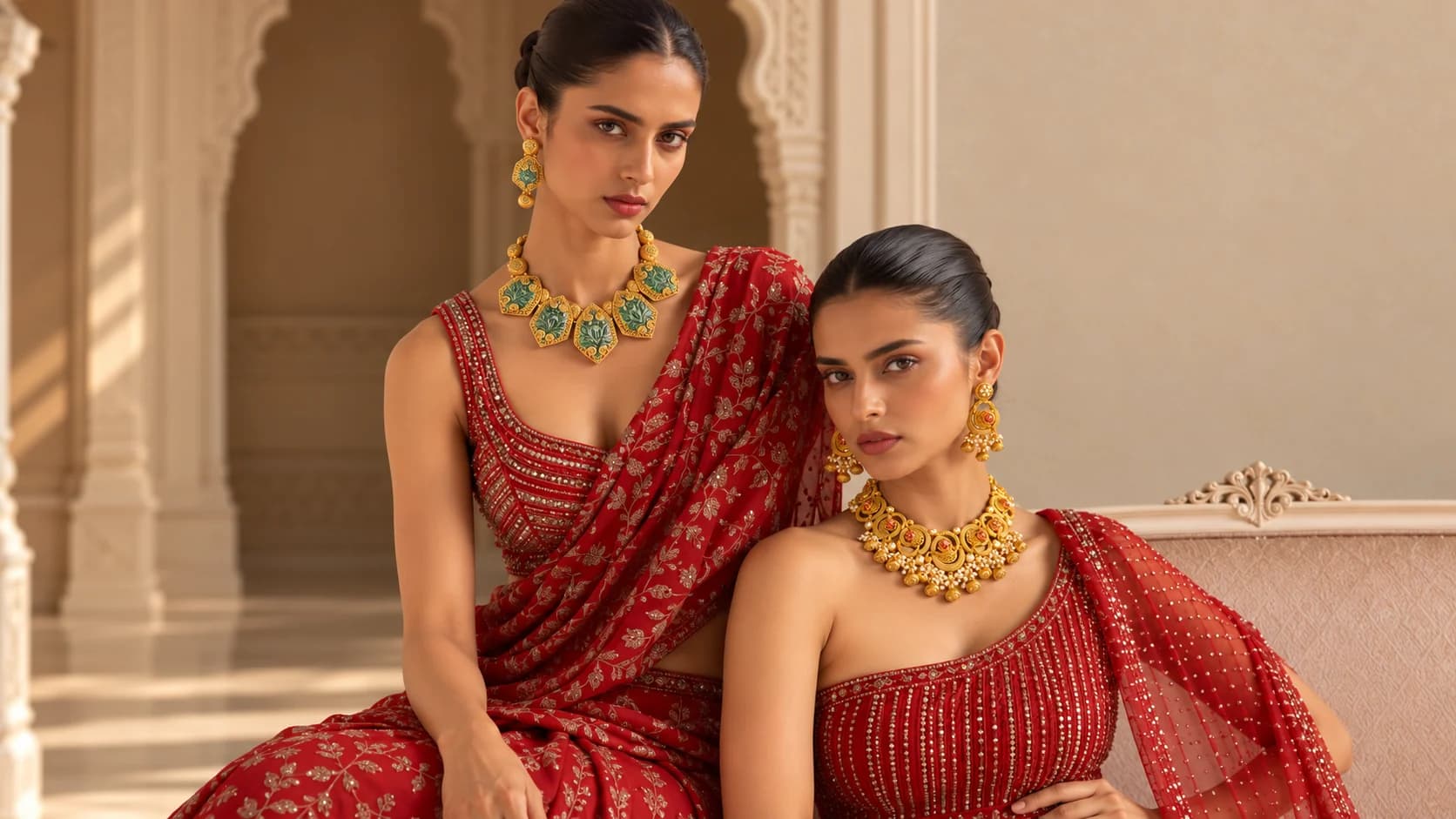 Two models wearing green and gold jewellery in a warm architectural setting