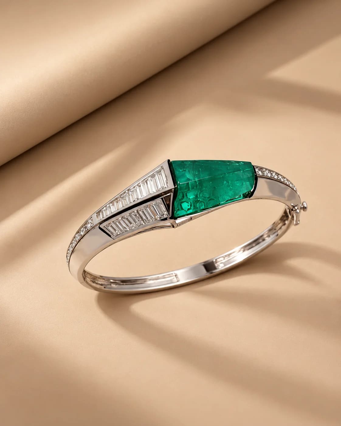 Sculptural silver-toned cuff with a large green centre stone on a warm beige set
