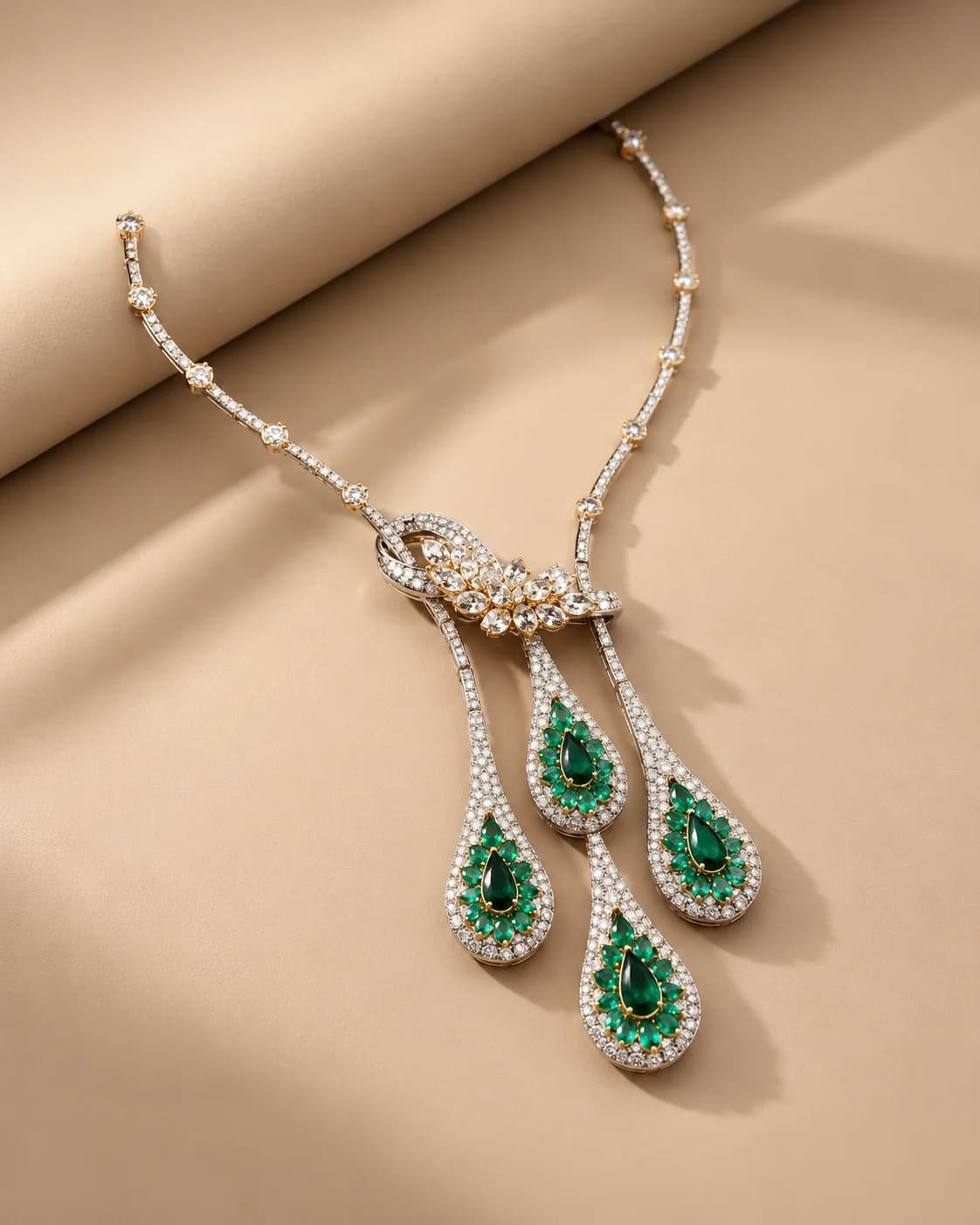 Three emerald-green drops suspended from a diamond-set necklace