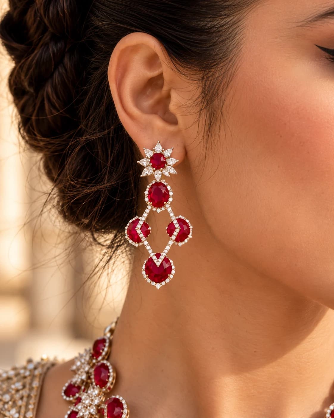 Crimson drop earrings worn by a model