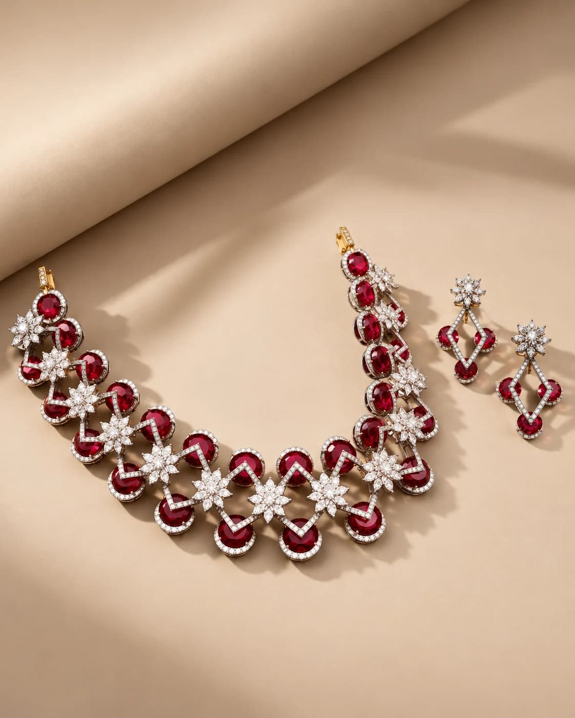 Ruby-red and white floral necklace with matching earrings on a warm beige set