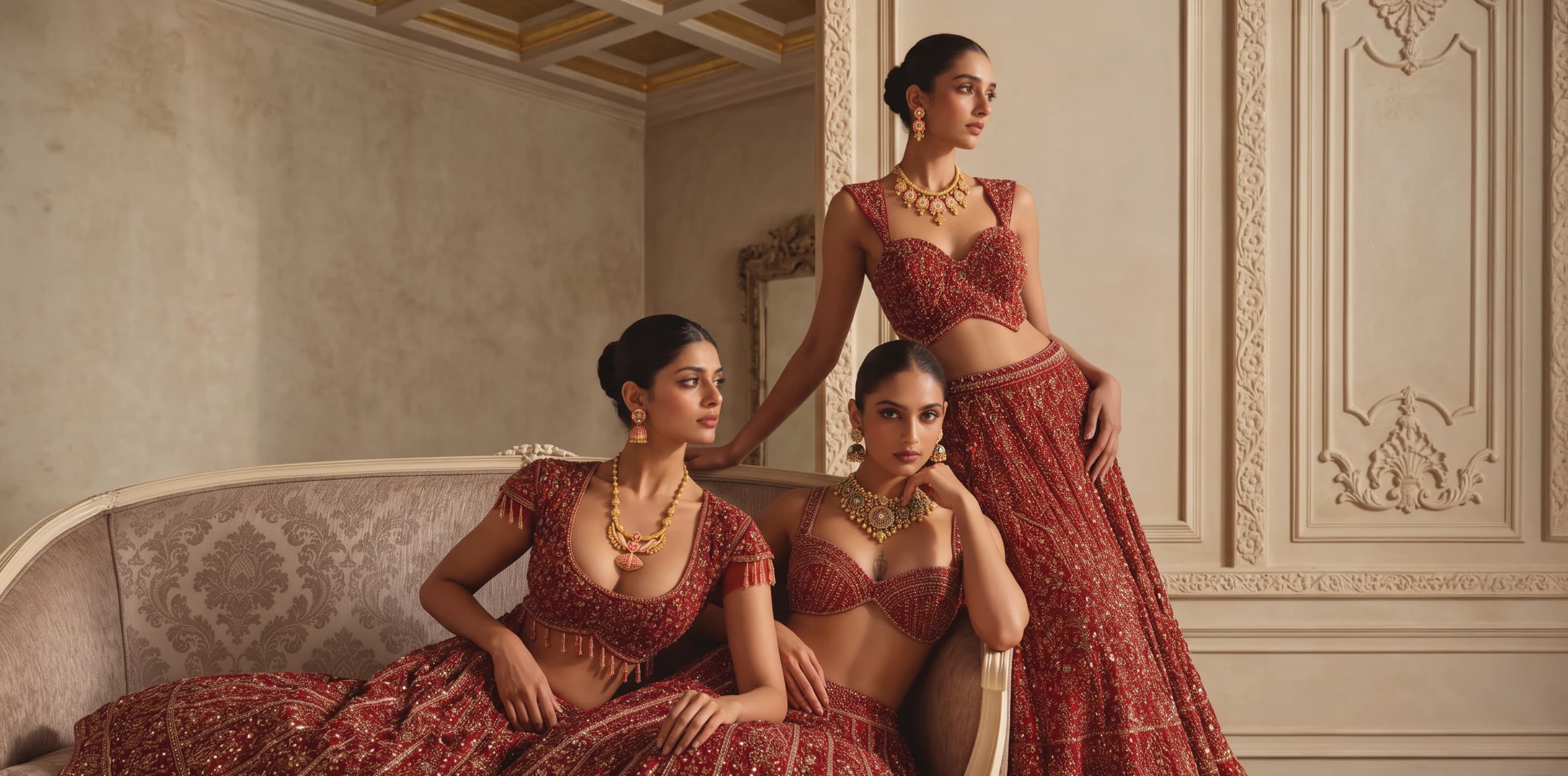 Three models in red ensembles wearing gold and gemstone necklaces with matching earrings